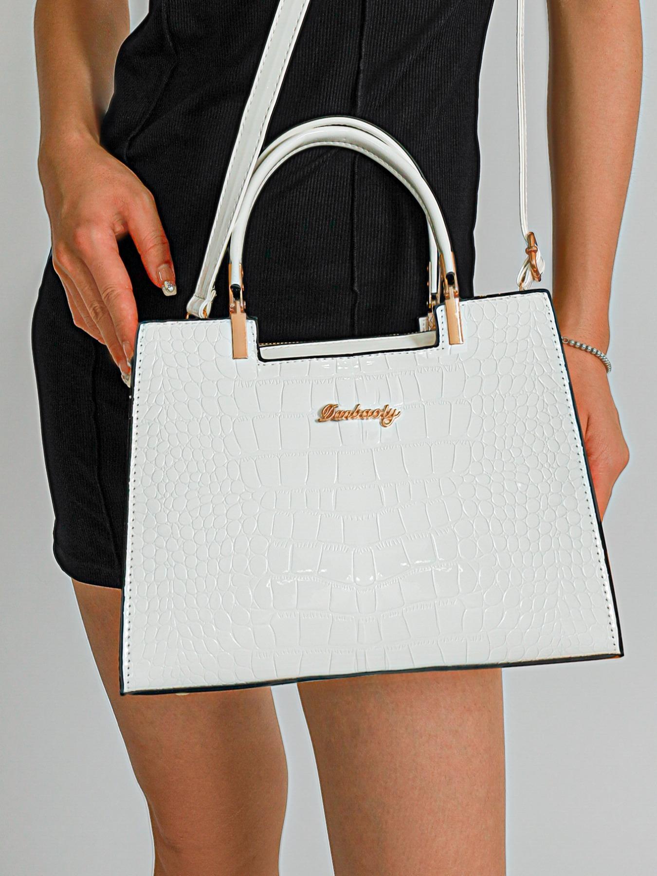 Women's PU Crocodile Embossed Square Handbag As Gift, Fashion Letter Label Classic Tote Bag for Work & Office, Elegant Matching Crossbody Bag As Gift for Wife