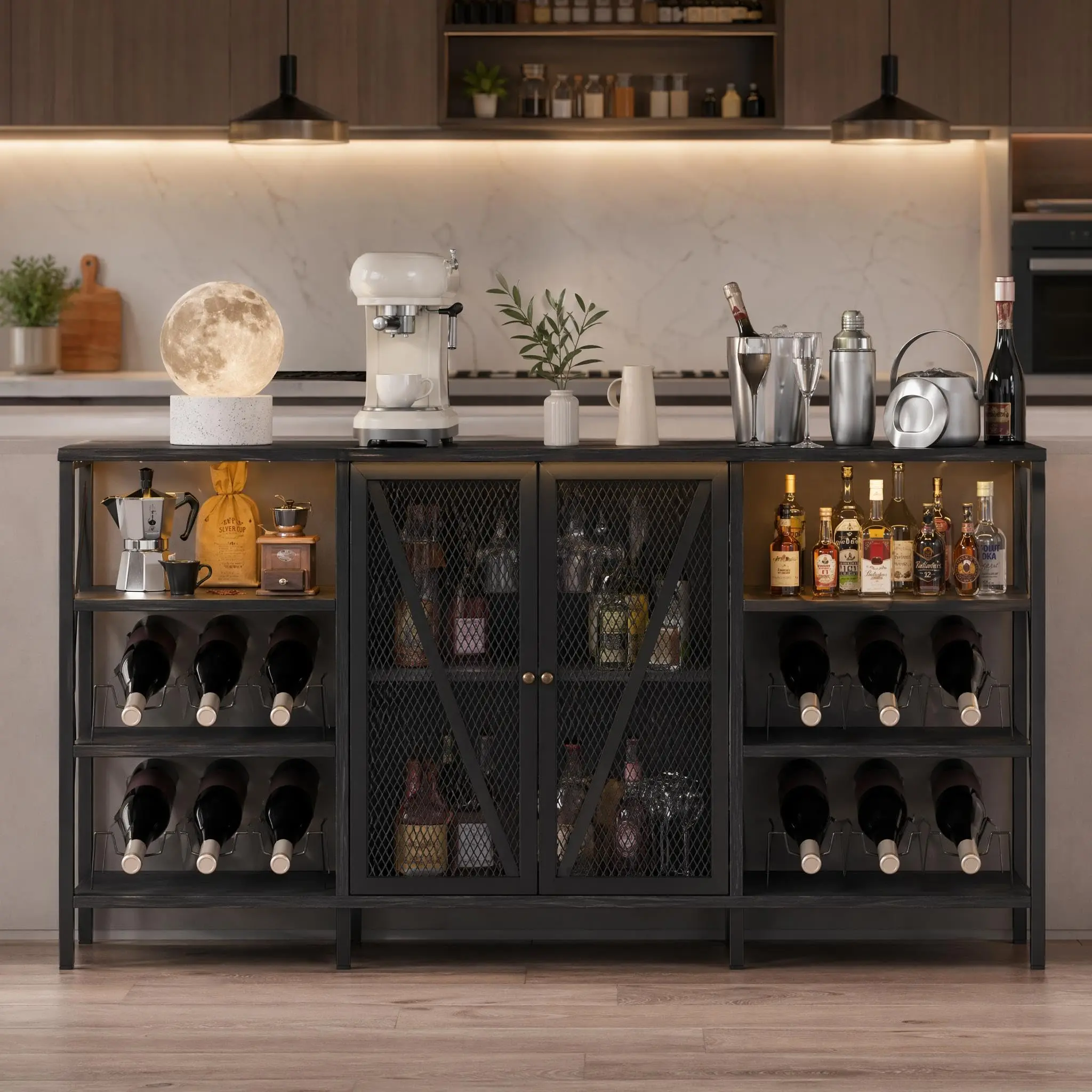 Garvee 55" Modern Bar Cabinet with LED Lights, Wine Rack, Glass Holder, Mesh Doors, Adjustable Shelves, 220 LBS Capacity, Metal Sideboard and Liquor Storage for Home