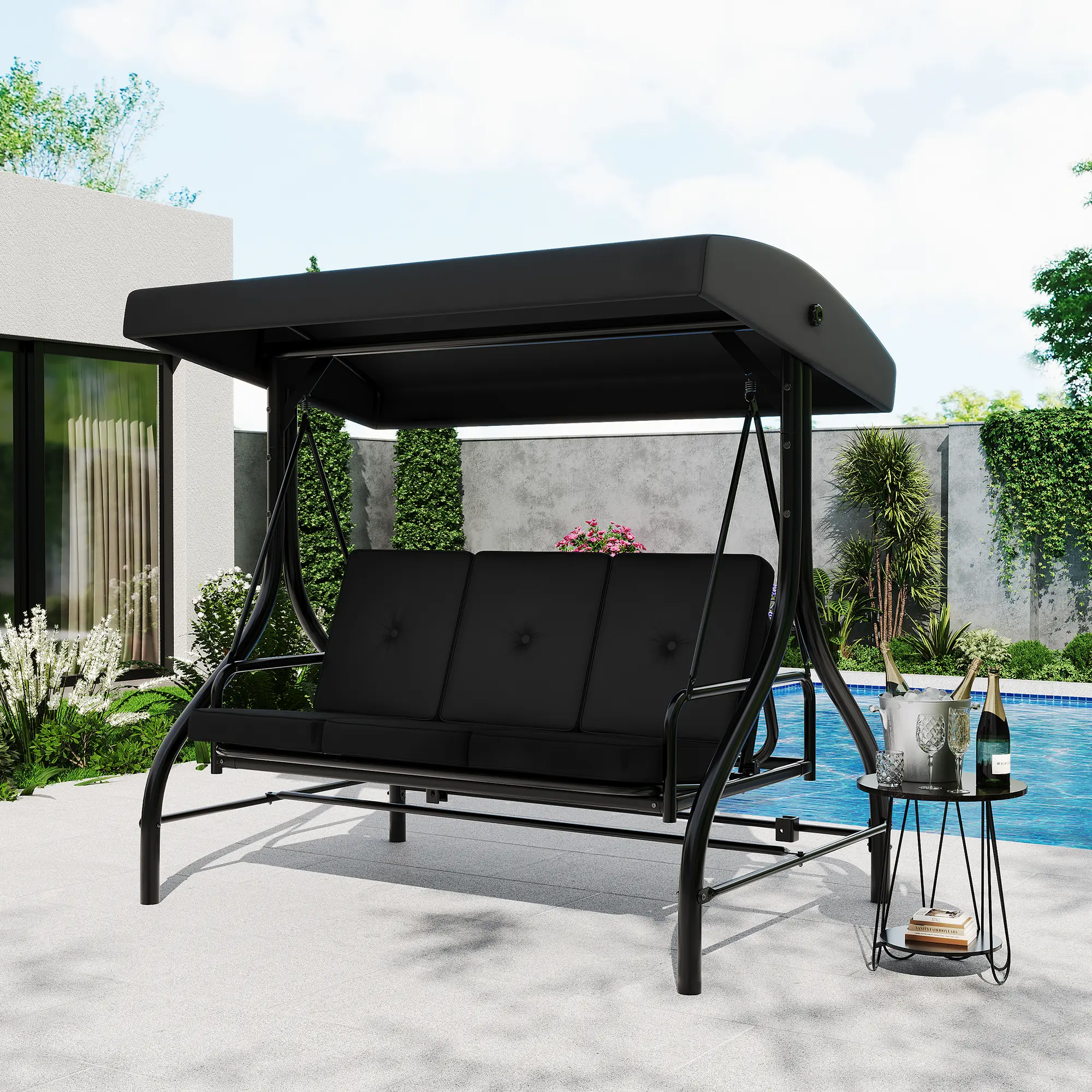 800 LBS 3-Seat Reclining Swing Bed | Adjustable Canopy Patio Swing with Stand, Cup Holders & Full Cushion Set for Outdoor Garden