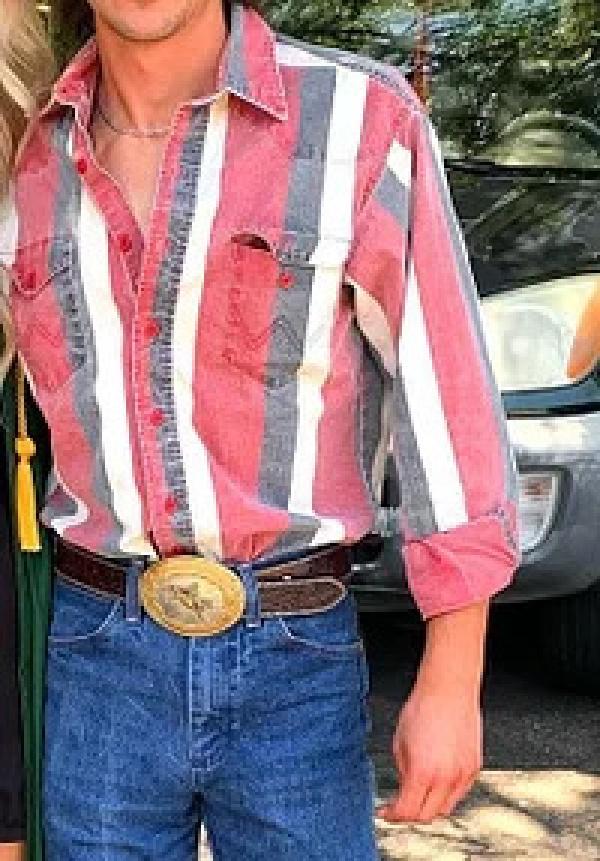 Men's Western Cowboy Style Retro Print Loose Long Sleeve Shirt Striped Casual Button Autumn Top Suitable for Streetwear Menswear233