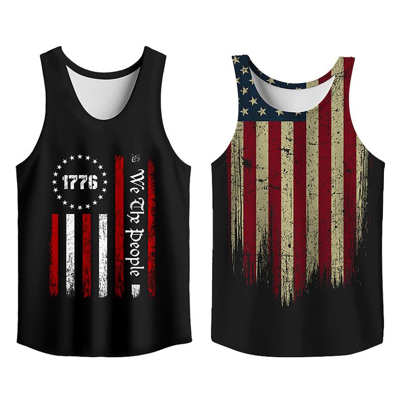 Y2K 2 Pack USA Flag Graphic Tees, Menswear Tank Top Slim Fit Apparel, Big and Tall Gym Workout Running Tee, Comfy Casual Sleeveless