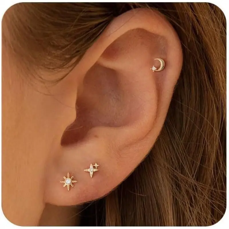 2D Flat - 3 Pairs 20G Tiny Flat Back Earrings, Golden Tone Plated Small Flat Back Studs, Dainty Cartilage Helix Piercing Jewelry for Daily Party Travel Birthday Gift