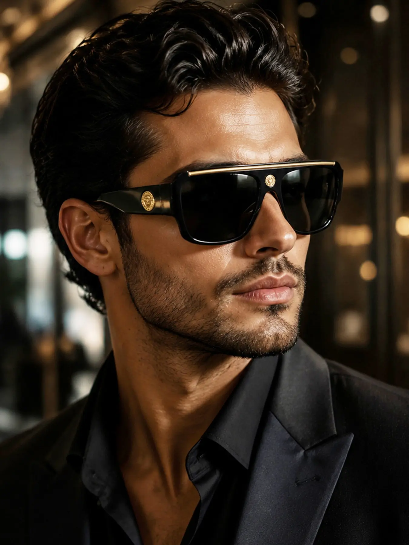 Men's Gold Embossed Badge Square Glasses, Luxury Retro Elegant Classical Fashion Eyewear, Light Luxury Vintage Style Spectacles