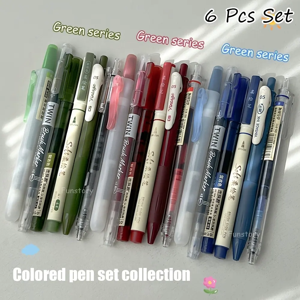 6Pcs Soft Brush Pens – Choose Red, Green or Blue, 0.5mm Fine Tip Calligraphy Markers, Retro Multi-Angle Design for Drawing, Journaling, School, Office, Student, Teacher, Back to Campus Season