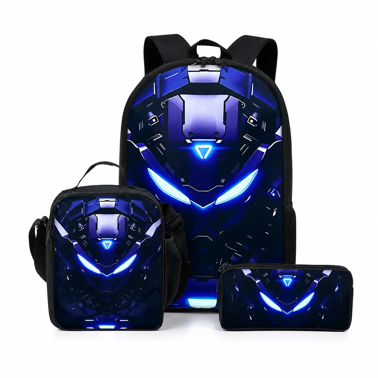 3PCS Kids Backpack Set, Blue Glowing Mecha Robot Mask Print School Backpack with Lunch Bag and Pencil Case, Futuristic Sci-Fi Graphic Large Capacity Bookbag, Lightweight Travel Bag with Adjustable Shoulder Straps, Back to School Gift for Boys Girls,Clear