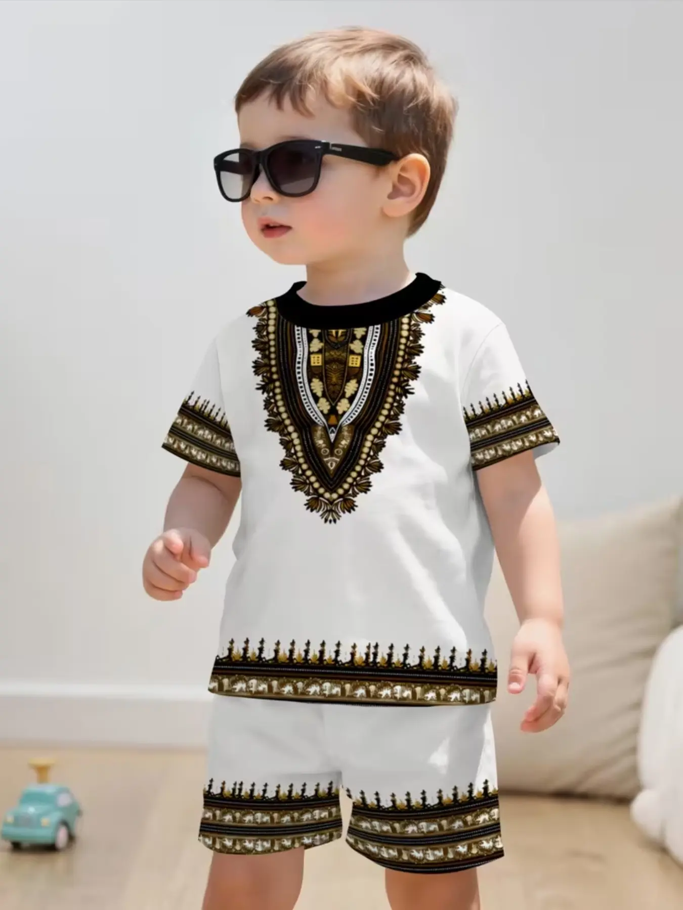 Boys' Fashion African Dashiki Style Print Set, Short Sleeve Hoodie and Shorts, Comfortable Summer, Casual Sports Wear, Outdoor Use, Summer Clothing Set