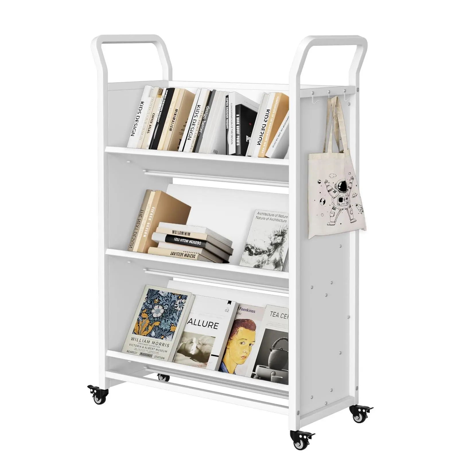 Heavy Duty Rolling Book Cart with Locking Casters, Mobile Library Bookshelf Organizer for School Office Home