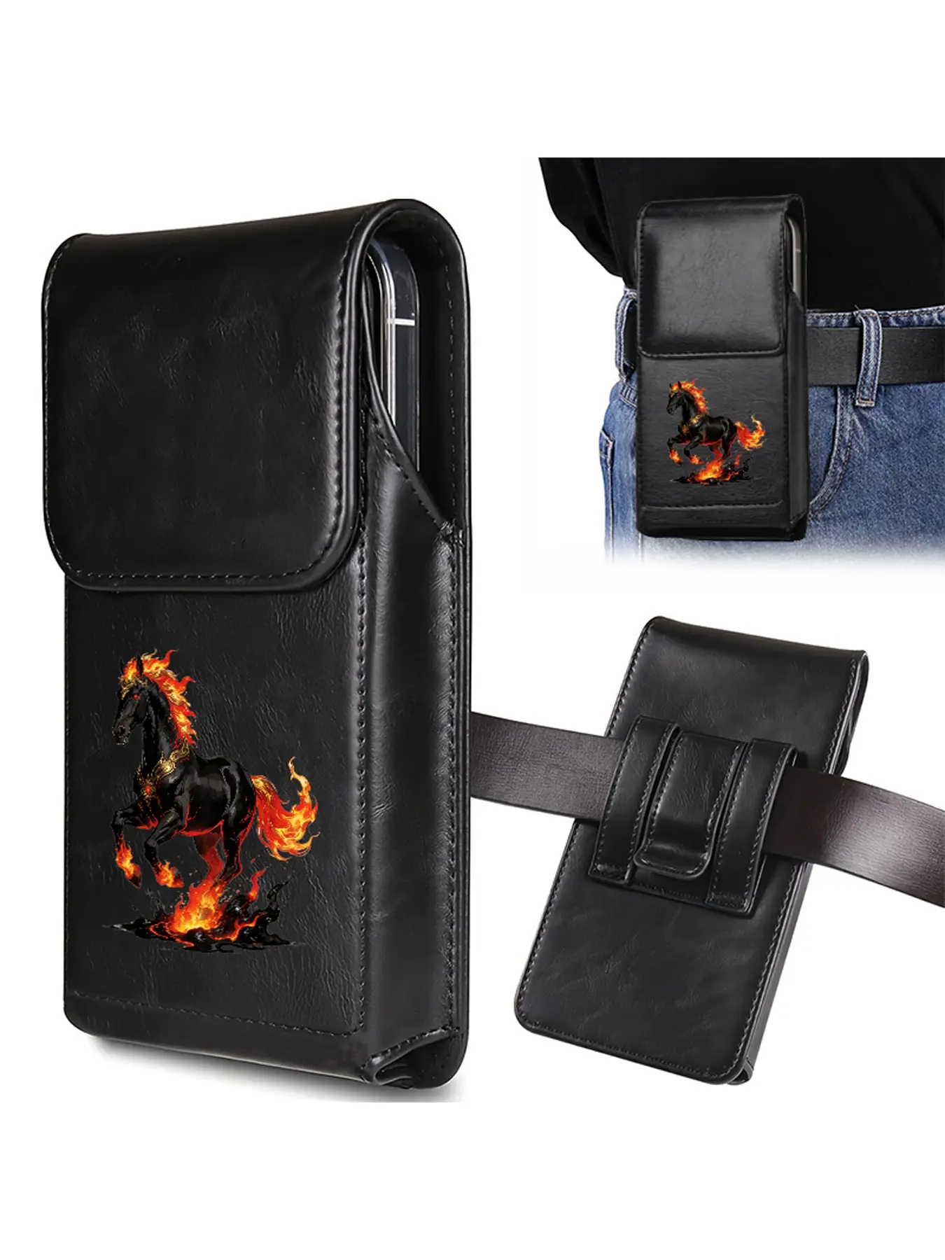 A noble retro style men's mobile phone storage waist bag, decorated with a galloping horse pattern with flames on its feet, is the perfect choice for giving to family/friends. It is a birthday gift/Halloween gift/Christmas gift