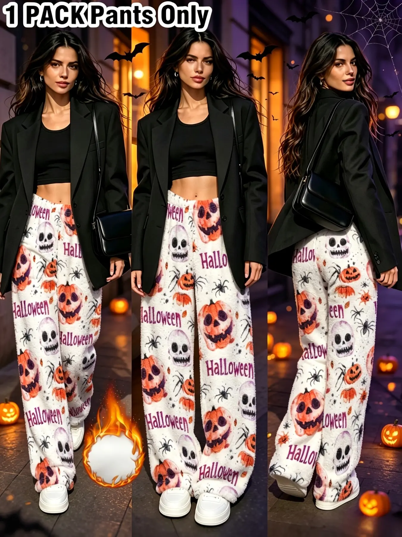 Thickened Print Sleep Pants, Flannel Casual Pajama Pants, Halloween Christmas Print, Comfortable Soft, Loose Fit, Fall Winter, Pjs