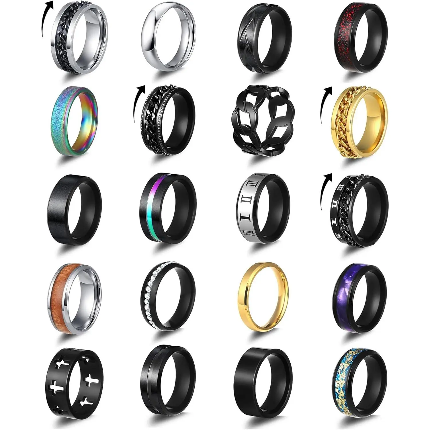 20PCS Stainless Steel Fidget Rings Set for Men & Women - Non-Tarnish Smooth Finish Black Round Spinner Rings, Anxiety Relief, Comfort Fit Sizes 7-13, Solid Bands, Everyday Wear Jewelry Gift for Weddings Engagements Promises