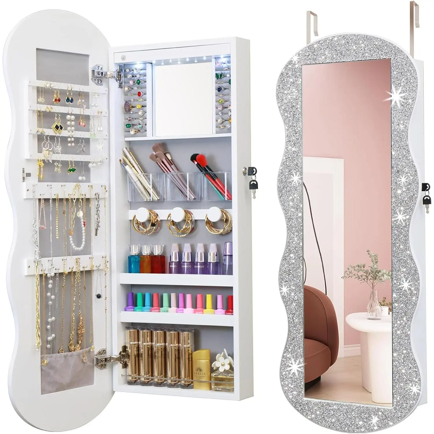 Armoire Organizer, LED  Cabinet Wall/Door Mounted, Lockable Wavy Mirror with Storage, Crushed  Mirror Full Length,Door or Wall Mounted Mirror with  Storage