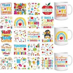 UV DTF Cup Wrap - 20 Sheets Teacher UV DTF Cup Wraps for 16 OZ Back To School Classroom UVDTF Cup Wraps Rainbow Waterproof UV DTF Transfer Stickers for Glass Cup Mug DIY Crafts Teacher Gifts