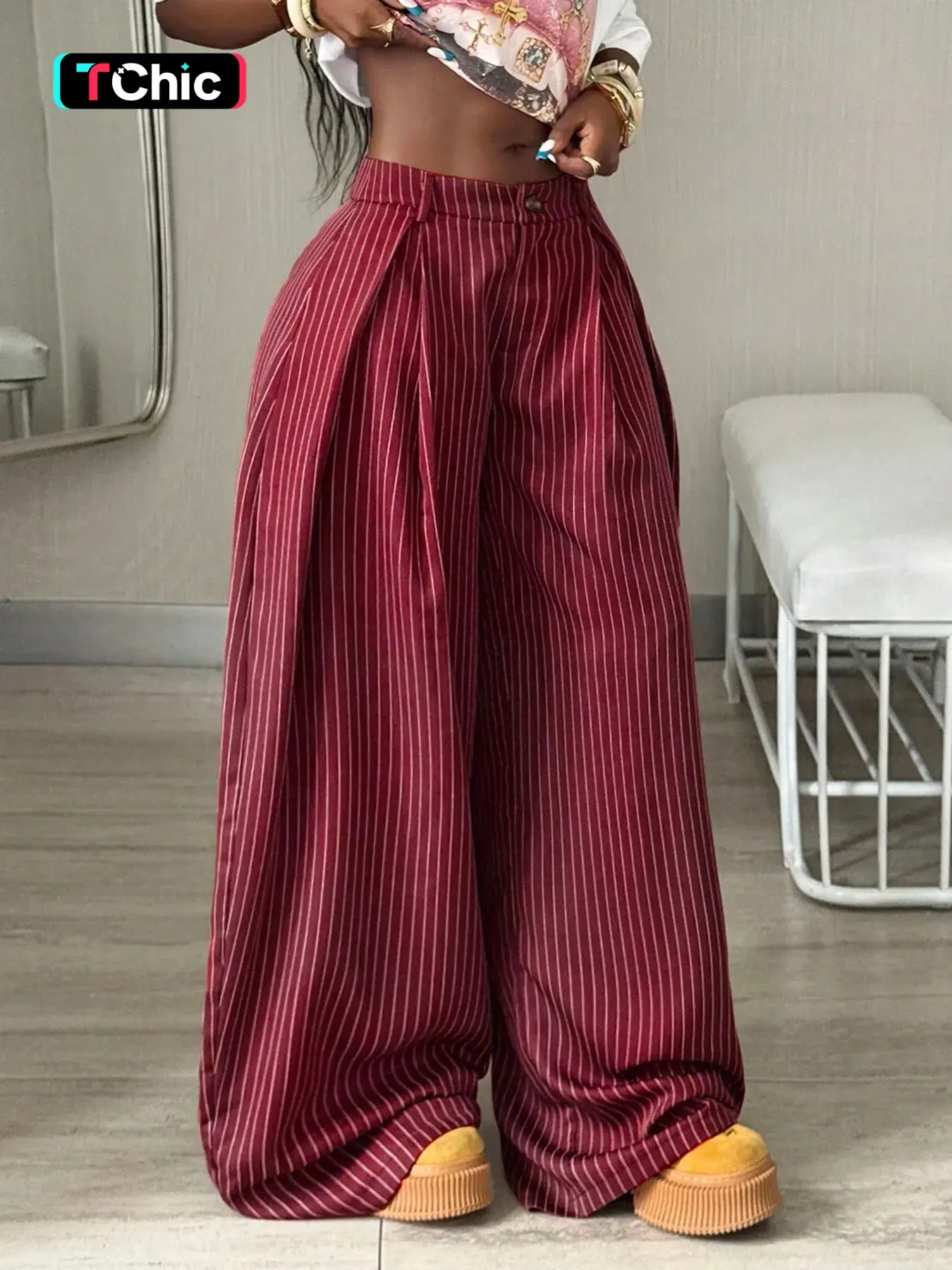 1pc Thin Striped High Waist Pleated Wide Leg Pants, Draped Loose Floor Length Trousers for Street Casual Wear