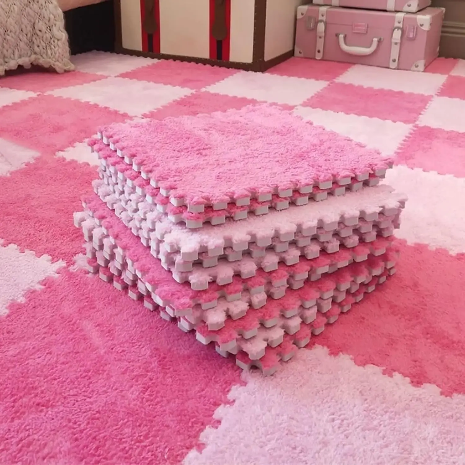 12pcs Soft Thicken Interlocking Plush Puzzle Foam Floor Mat, Fluffy Square Foam Tiles Area Rug Carpet for Parlor Bedroom Decoration, 11.8x11.8x0.55in, Rose Red & Pink