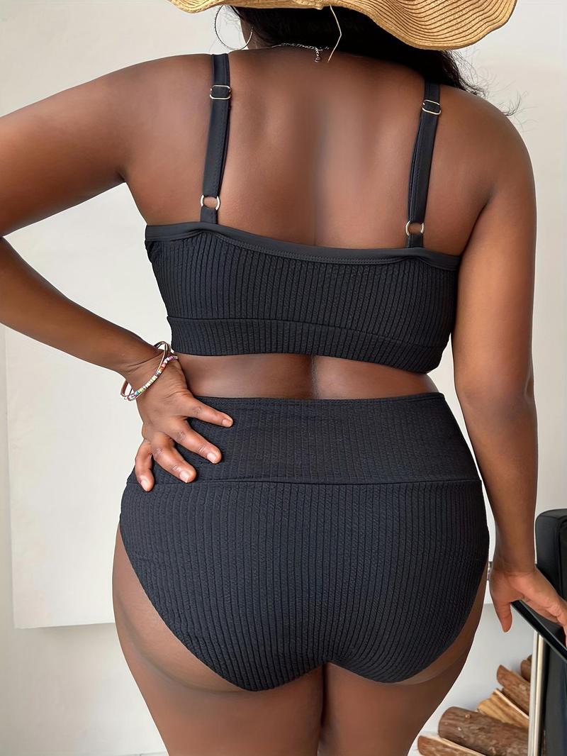 Plus Size Two-Piece Set Criss Cross Crop Cami Top & High Waist Panty Ribbed Tankini Set, Casual Adjustable Strap Swim Top & Swim Bottom, Women's Summer Swimsuit, Tankini Bottoms Set