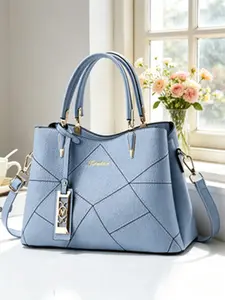 Mist Blue Geometric Patchwork Handbag, Luxe Metal Accessories, Commuter Crossbody Bag, Casual PU Leather Messenger Bag for All Seasons