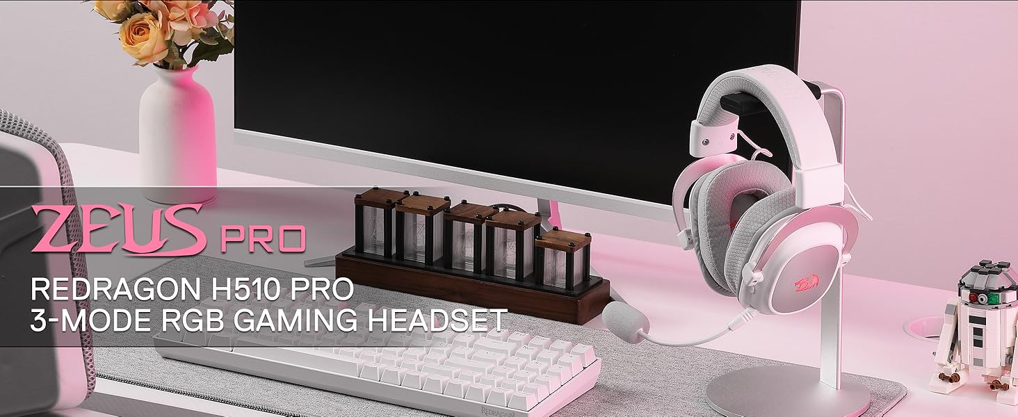 Redragon H510 PRO 3-Mode RGB Gaming Headset - 7.1 Surround Sound - 53MM Audio Drivers in Memory Foam Ear Pads w/Durable Fabric Cover- Multi Platforms Headphone - USB Powered for PC/PS4/NS, Pink & White