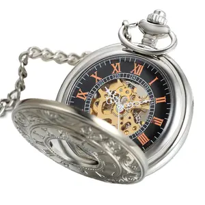 Vintage Men's Skeleton Hand-Winding Mechanical Pocket Watch Sweater Chain Silver Tone Case