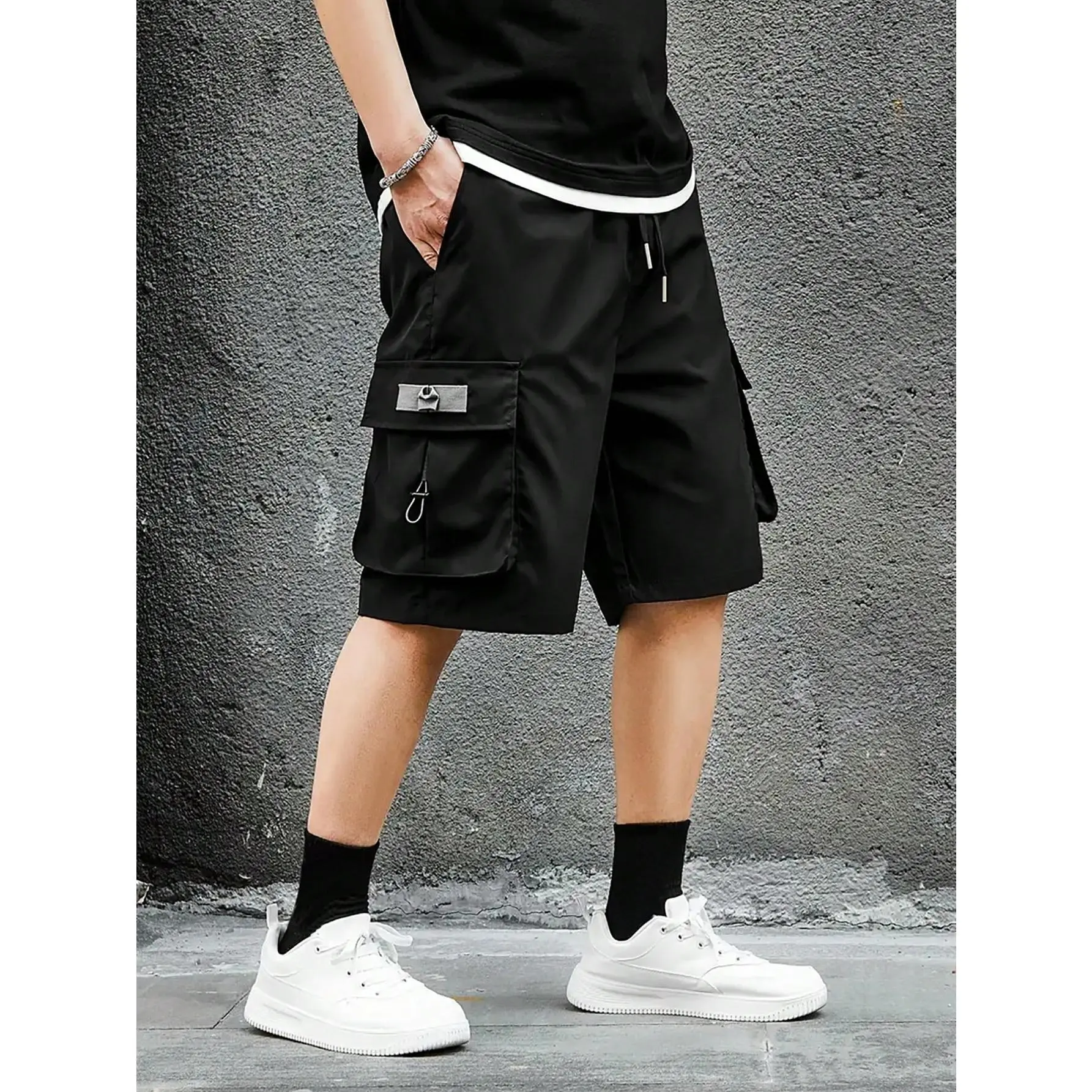 Men's Classic Smooth Straight Cargo Shorts - Relaxed Fit with High Waist Adjustable Elastic Drawstring, Multi Cargo Pockets, Quick-Dry Breathable Lightweight Polyester Fabric, Machine Washable for Gym Street Summer Use, Sweat