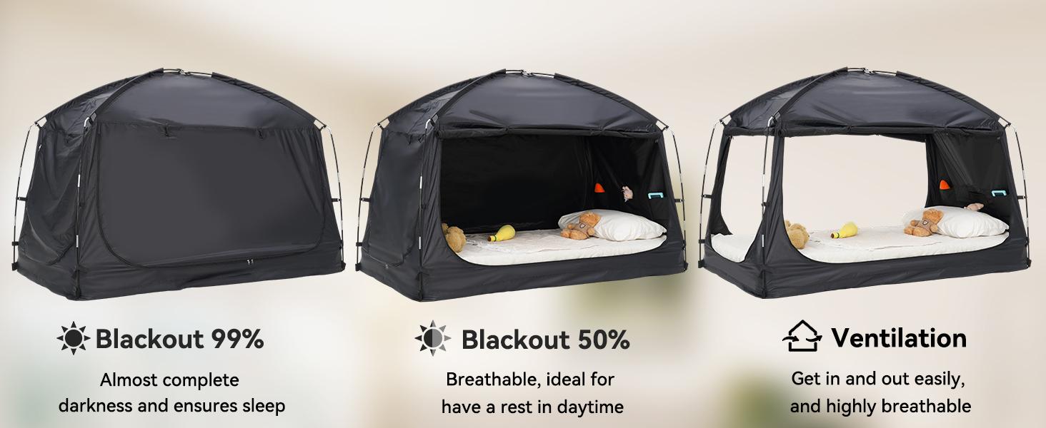Twin Bed Tent for Adult and Kids, Blackout Bed Tents Reduction 99% Sleeping Tents for Indoor, Tent with Star Light & Bag Breathable Private with 3 Doors