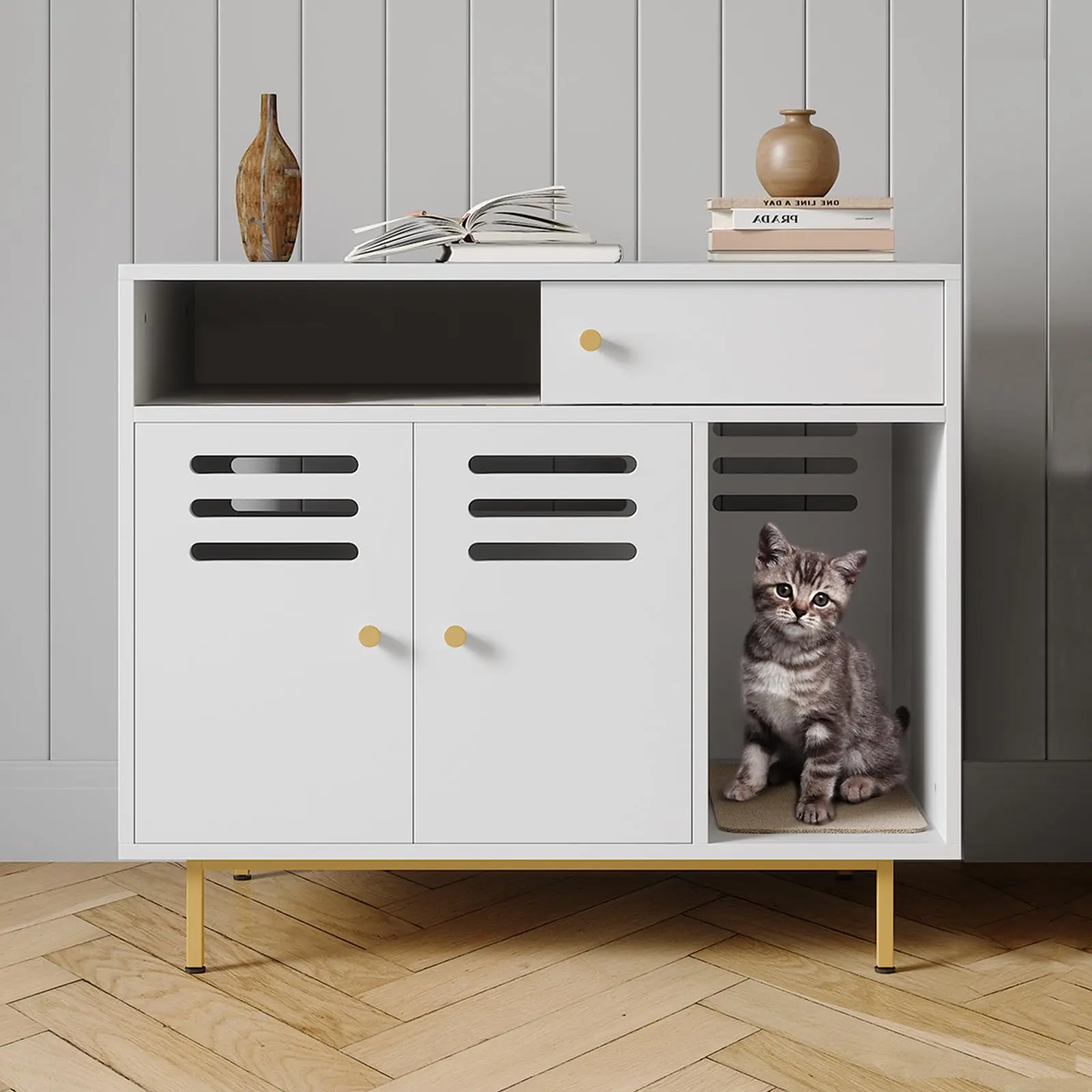Modern Hidden Cat Litter Box Cabinet in white, featuring dual storage spaces, ventilated doors, litter mat, drawers and open shelves. Dog-proof large furniture for indoor cats