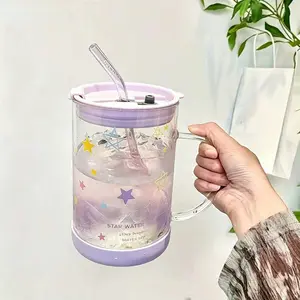 High-End Star Print Glass Cup, 1000ML Large Capacity Straw Cup, Heat Resistant Handle, Glass Straw, Lid, Base, Ideal for Various Beverages