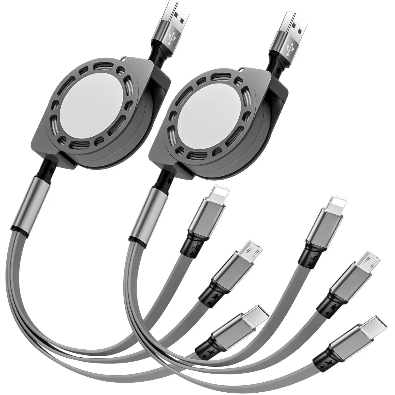 Multi USB Charger  Retractable 3 in 1 Multiple  Cord Adapter with Mini Type C  USB Port Connectors Compatible Cell Phones Tablets  Use(2Pack /Gray)