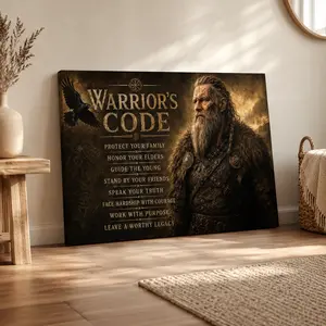 Warrior Code Canvas Wall Art, Viking Inspired Motivational Poster, Dark Medieval Strength Quote Wall Decor, Masculine Living Room Office Bedroom Art, Unframed Canvas Poster or Framed Canvas Wrap