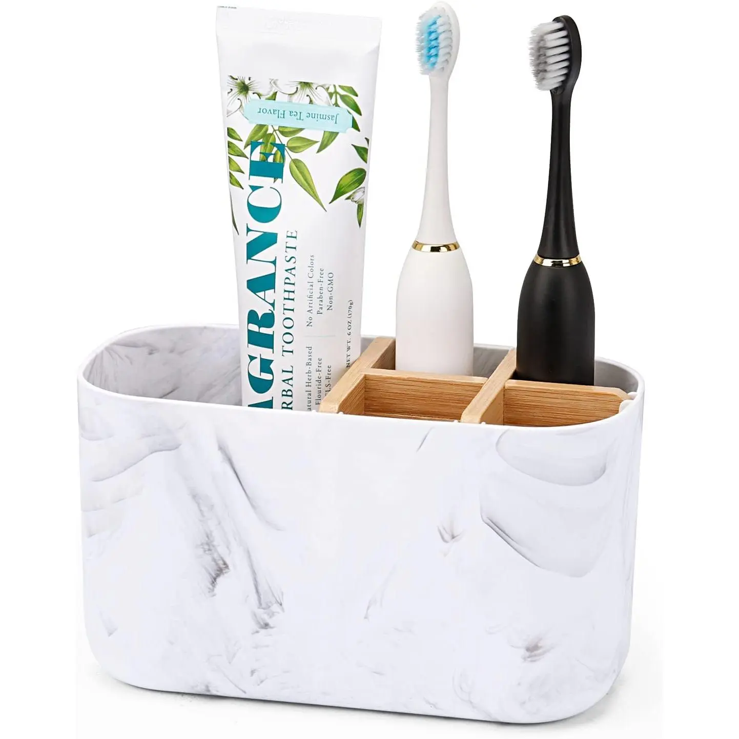 5-Slot Marble-Look Toothbrush Holder with Bamboo Divider, Multifunctional Toothpaste Storage Organizer for Countertop, Suitable for Kids & Electric Toothbrushes, Bathroom Daily Storage Accessories