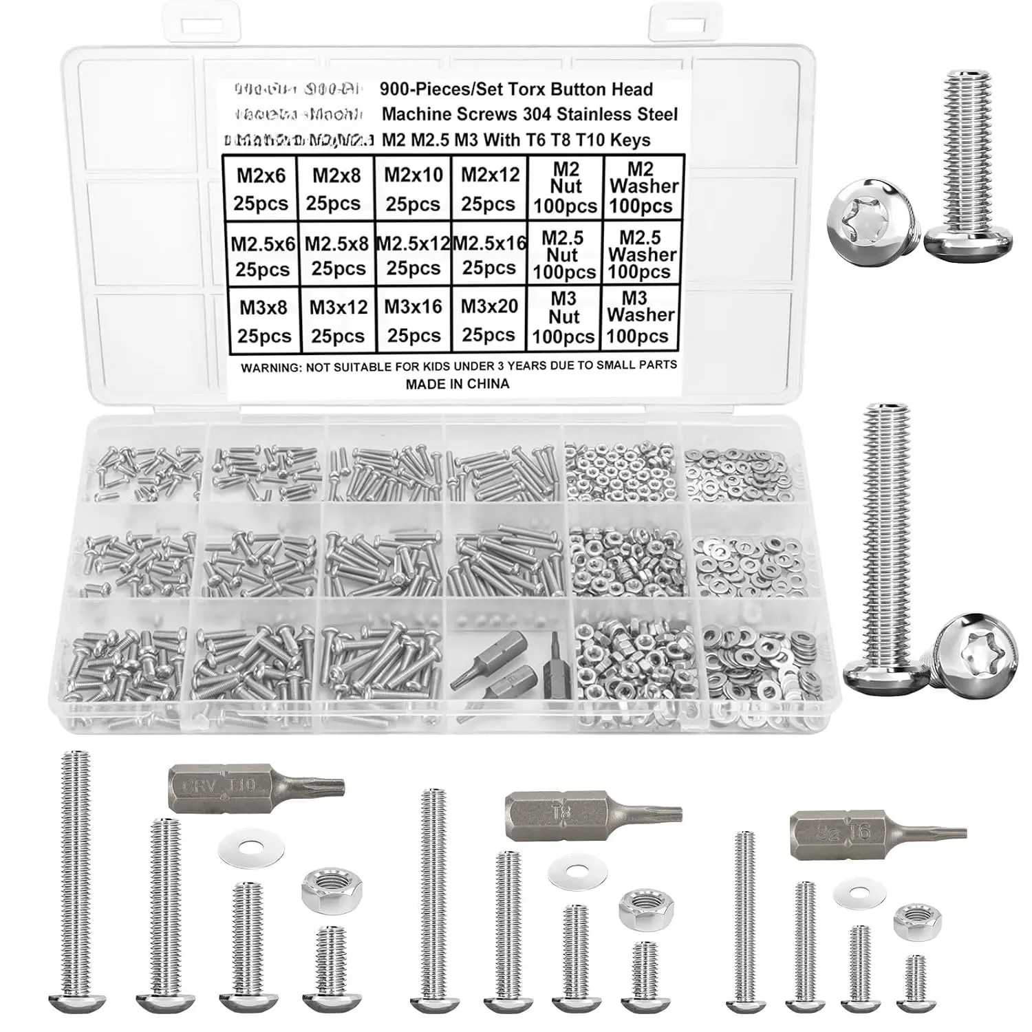 900-Count 304 Stainless Steel Torx Button Machine Screws Set (M2-M3 Sizes) with Nuts & Washers, Fully Threaded, T6-T8-T10 Wrench Included, Rust Resistant for ATM Repair & DIY Enthusiasts