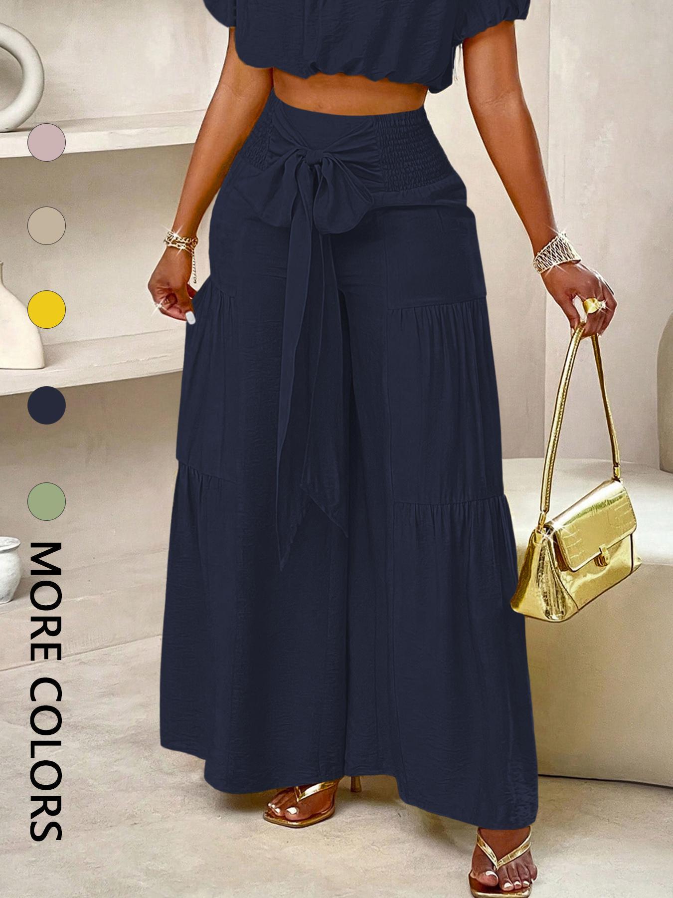 Women's Solid Color Flowy Wide Leg Pants, Casual Fashion Knot Front Trousers for Daily Wear, Ladies Bottoms for Summer