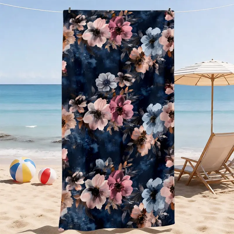 Deep Sea Floral Beach Towel, Romantic Watercolor Flowers & Vintage Plant Print, Soft Comfortable, Ideal for Beach, Pool, Travel, Outdoor Use