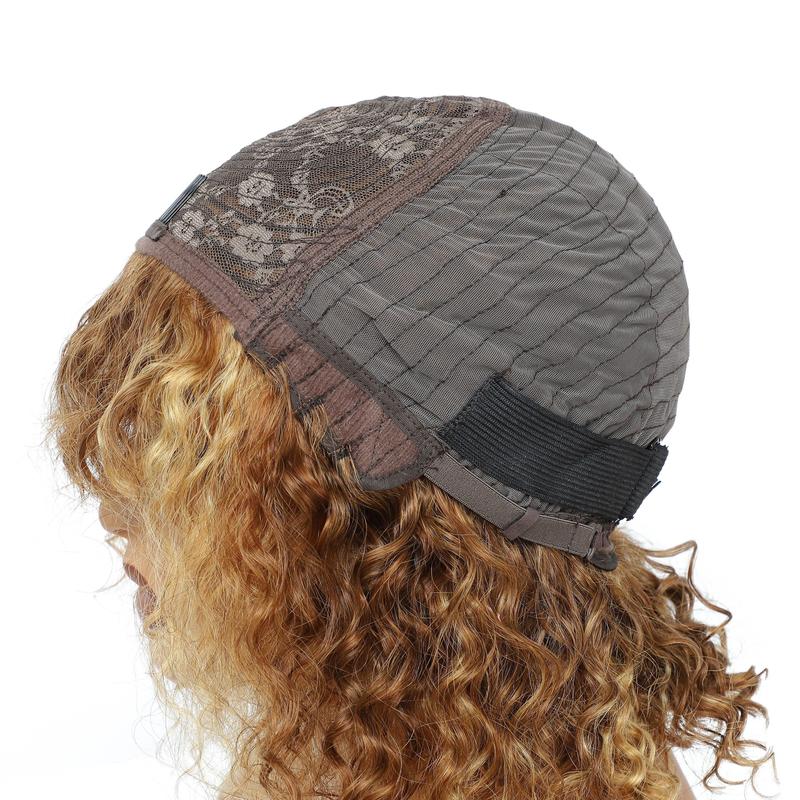 [Jerru Curly Wig] Jerru Curly Wig - 180% Density Highlight Curly Bob Wig With Bangs - Human Hair, Short, Kinky Curly, 4/27 Brown Honey Blonde Afro Curly Wigs For Black Women