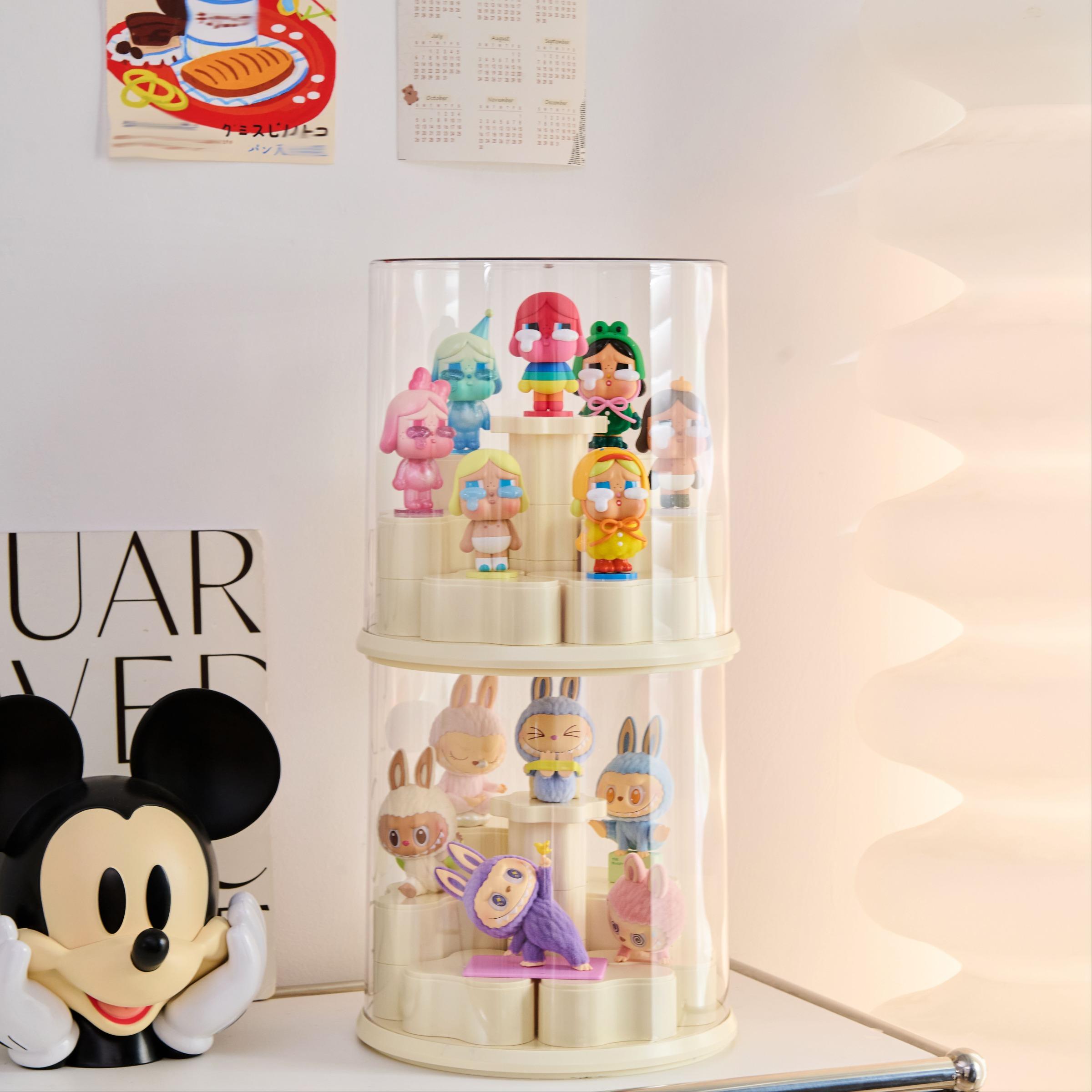 Figurine Display Storage Box with Rotating Base, Transparent Dust Cover, Stackable Cabinet for Pop Mart Labubu Figures, Watches & Jewelry
