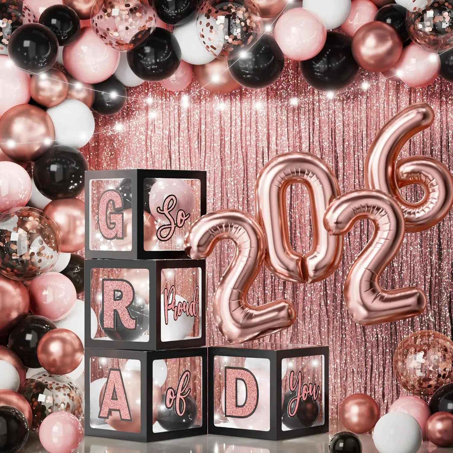 Class of 2026 Graduation Decorations Kit, 86-Piece Rose Gold and Black Party Supplies with LED Light-Up GRAD Boxes, Balloon Garland Arch, Reusable Foil Backdrop & Stickers, Led Lights, Non Toxic, Foldable