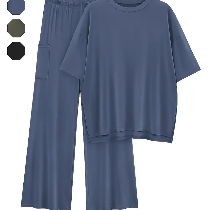 Women's Solid Loose Baggy Fit Drop Shoulder Tee & Elastic Waist Pants Two-piece Set, Casual Basic Fashion Cozy Half Sleeve Top & Trousers for Daily Outdoor Wear, Ladies Clothes for All Seasons