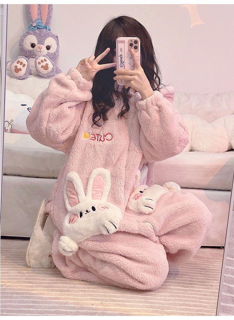 Coral Velvet Onesies Women Cute Rabbit Kigurumi Unicorn Preppy Cartoon Hooded Kawaii Thicker Winter Warm Cotton Pajamas Homewear