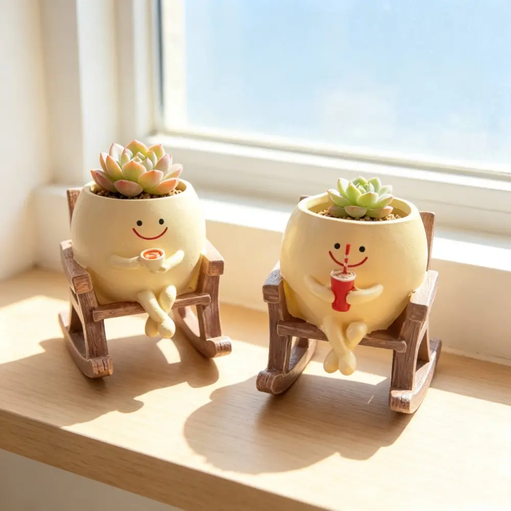 Cartoon Smile Resin Flower Pot with Mini Wooden Rocking Chair, Cactus Succulent Container, Desktop Decor for Bedroom Office, Indoor Planters, Gift Idea