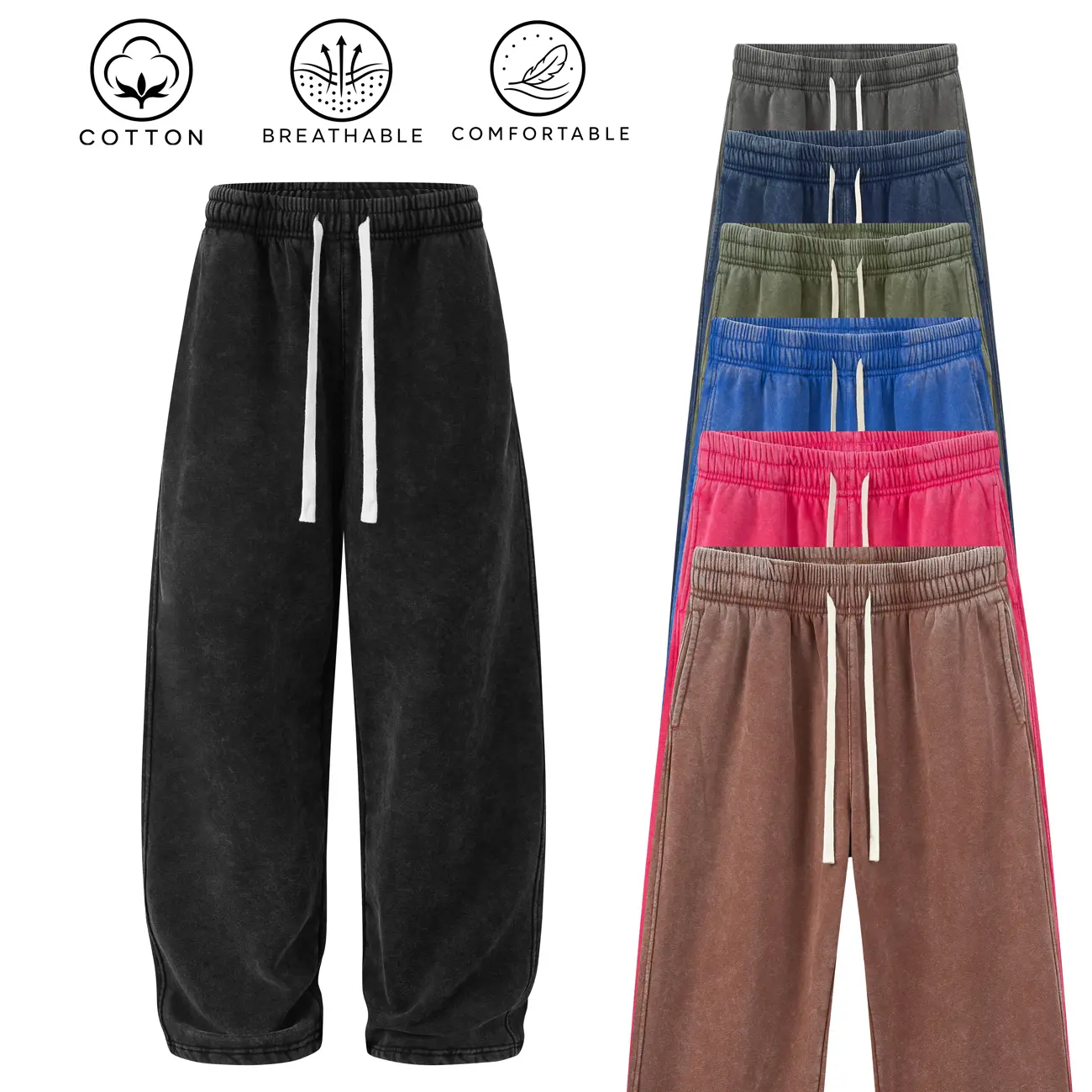 Veiskor Men's Acid Wash Baggy Sweatpants Elastic Drawstring Waist Wide Leg Relaxed Fit Vintage Streetwear Soft Cotton Casual Lounge Pants Comfy Daily Wear Retro Jogger Trousers for Men