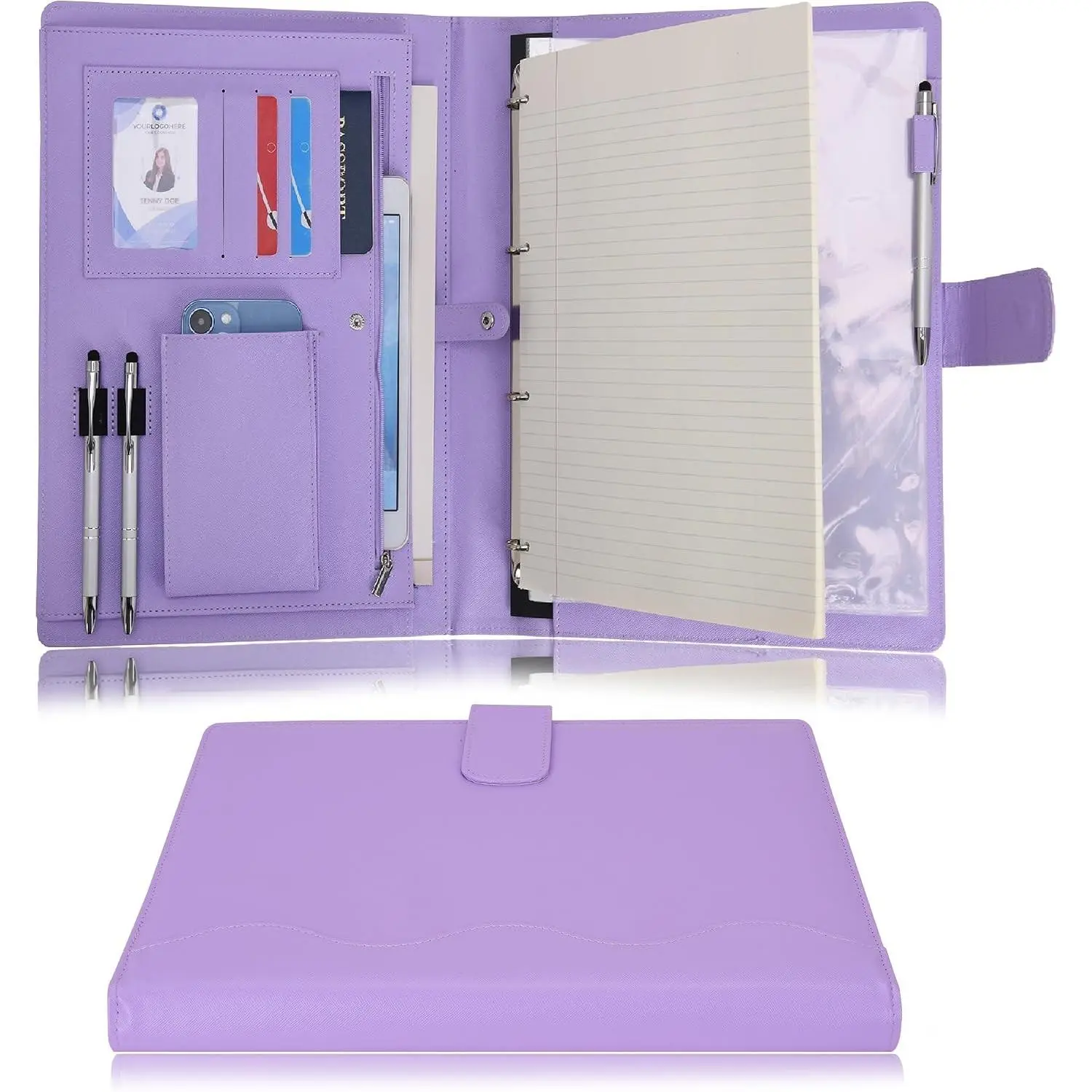 A4 PU Leather 3 & 4 Ring Holder Writing Portfolio Multi Document Case with Removable Binder Clipboard and Functional Pocket for Organizer Office Travel School (Purple)