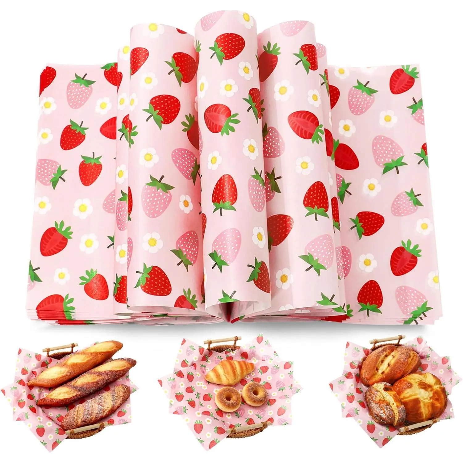 Whaline 150 Pcs Strawberry Wax Paper Pink Red Deli Paper Sheets Waterproof Oil-Proof Strawberry Flower Food Basket Liner for Spring Summer Baby Shower Party Supplies, 9.8 x 8.3 Inch