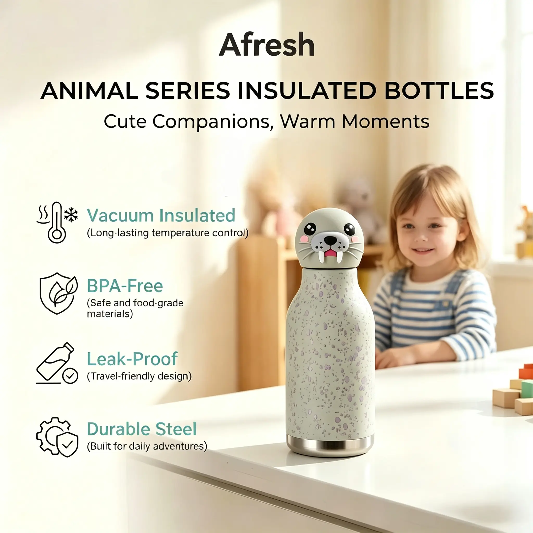 Poeny home girlfriend with the same cartoon doll seal shape portable 316 stainless steel food grade silicone leak-proof water cup suitable for children, students and young trendy play groups, daily campus, home, office, travel common