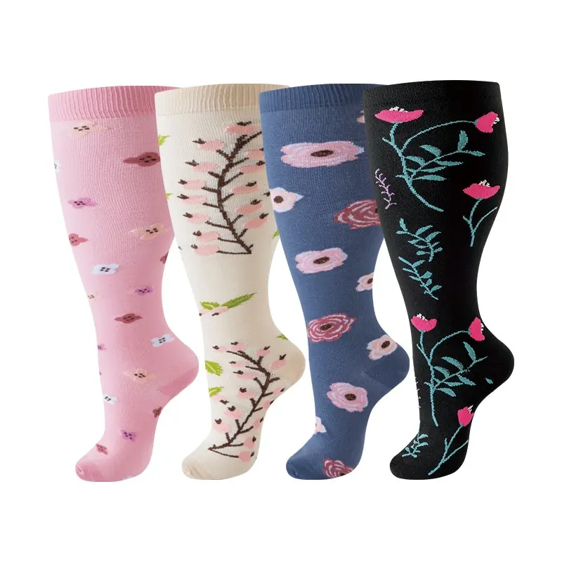 Women's Plus Size Compression Socks (4 Pairs) - Wide Calf, Cute Pastel Floral Prints, Soft Knit, Breathable, Athletic Fit for Swelling Relief, All-Day Wear - Suitable for Casual, Sportswear, Uniforms Use