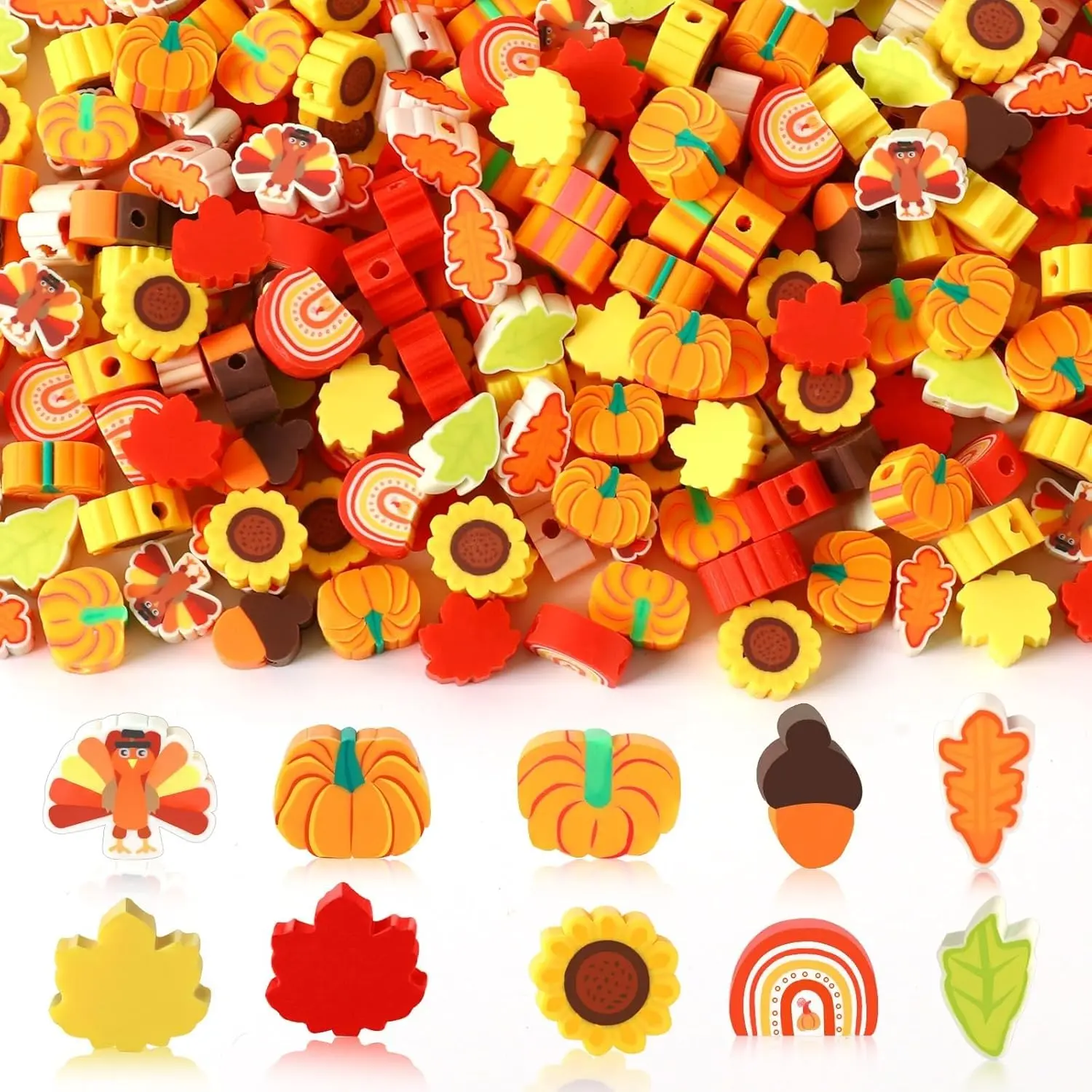 Fall Polymer Clay Beads for Thanksgiving  Bracelet Making | 8mm Autumn Polymer Clay, Ideal for Holiday Crafts, DIY Thanksgiving  , 300 count Maple Leaf Pumpkin Turkey Shapes