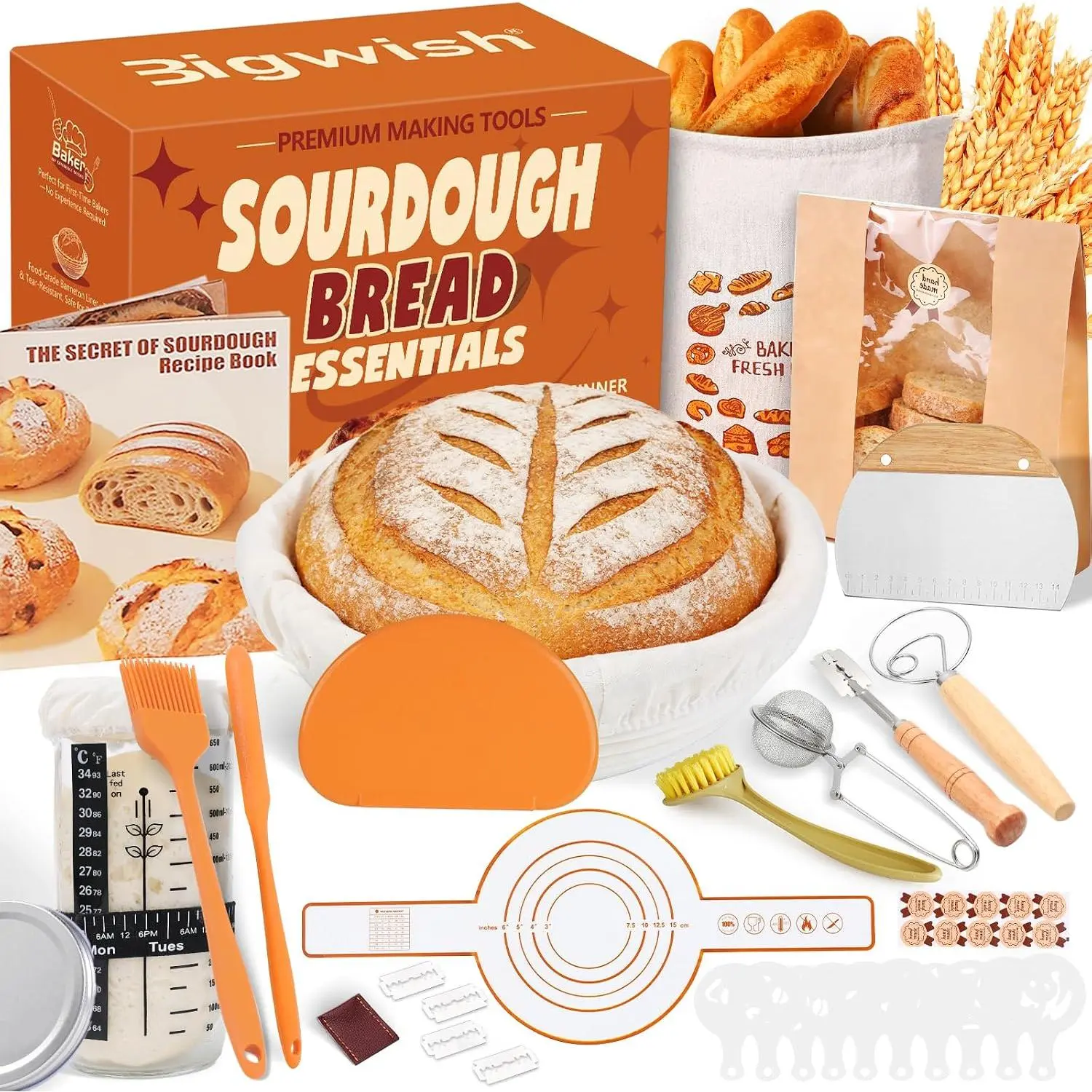 Sourdough Starter Kit for Beginners – Complete Sourdough Kit with Banneton Basket, Bread Lame with , Starter Jar, Bread Stencil, Dough Scraper & Recipe Guide – Sourdough Bread Making Kit