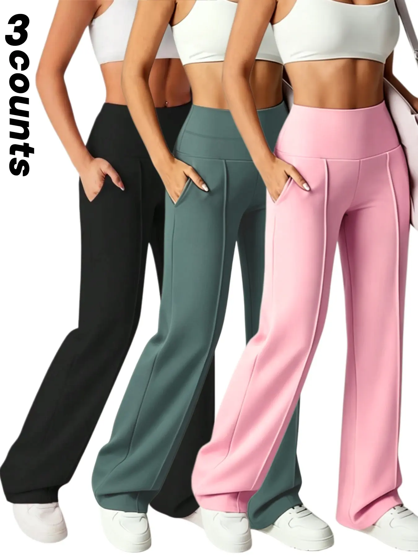 3pcs Women High Waisted Flare Yoga Pants, Soft Stretch Bootcut Leggings, Athletic Pants, Casual Wide Leg Workout Trousers, Floor Length, Elastic Waist, Fitness Pants, Activewear Bottoms, Athleisure Pants
