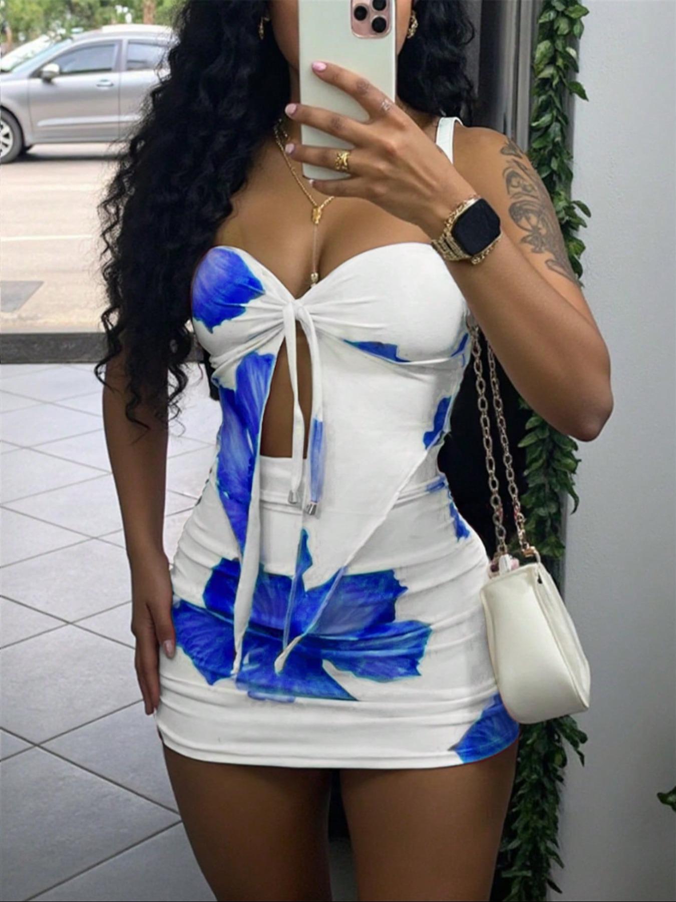 Women's Floral Print Tube Top & Bodycon Skirt Two-piece Set, Fashion Casual Strapless Crop Top & Skirt for Daily Outdoor Wear, Ladies Clothes for All Seasons