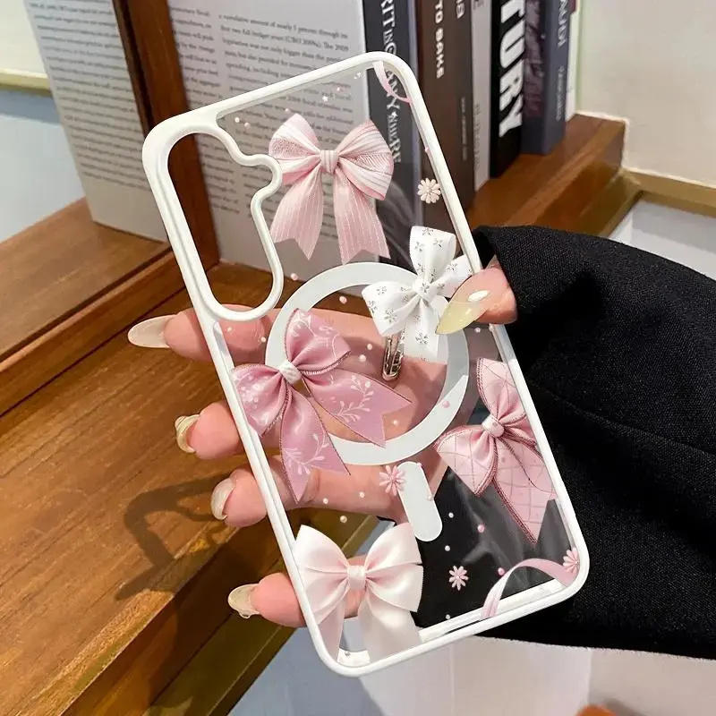Magnetic Silicone Cellphone Case for Samsung Galaxy S22+ S23 Ultra S24 Plus S25 S26, Bow Delight Dream Pattern, Durable TPU Protection, Anti-Scratch, Shockproof, Non-Slip, Long-Lasting, Phone Aesthetic Handheld Cover, Mobile Phone Accessories
