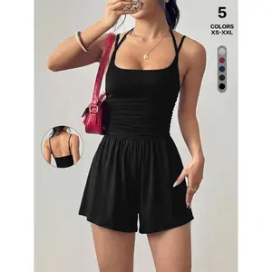 Women's Basic Solid Color Romper, Casual Fashion Jumpsuit for Summer, Sleeveless Ankle Length, Slim-Fitting, All Seasons, Easy Care