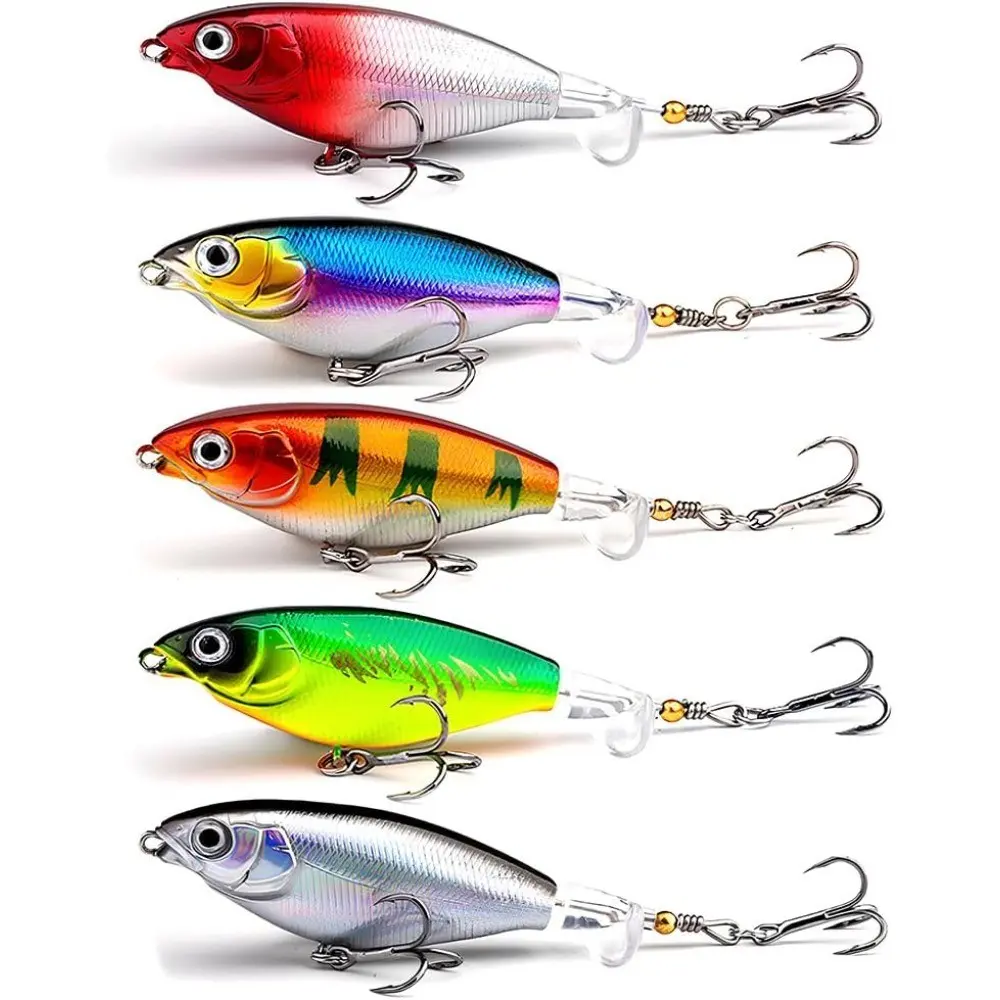 5 Pack Topwater Fishing Lures, Whopper Plopper for Bass, 3D Eyes Bait with Propeller Tail, Floats for Catfish Pike Perch, Freshwater Saltwater